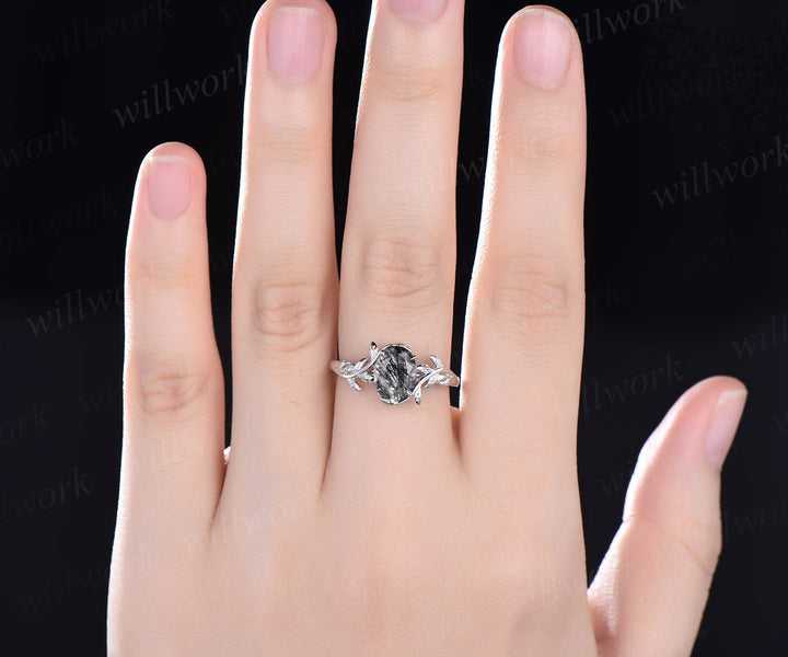 Oval cut black Rutilated Quartz ring nature inspired engagement ring leaf 14k rose gold silver solitaire ring vintage wedding ring women