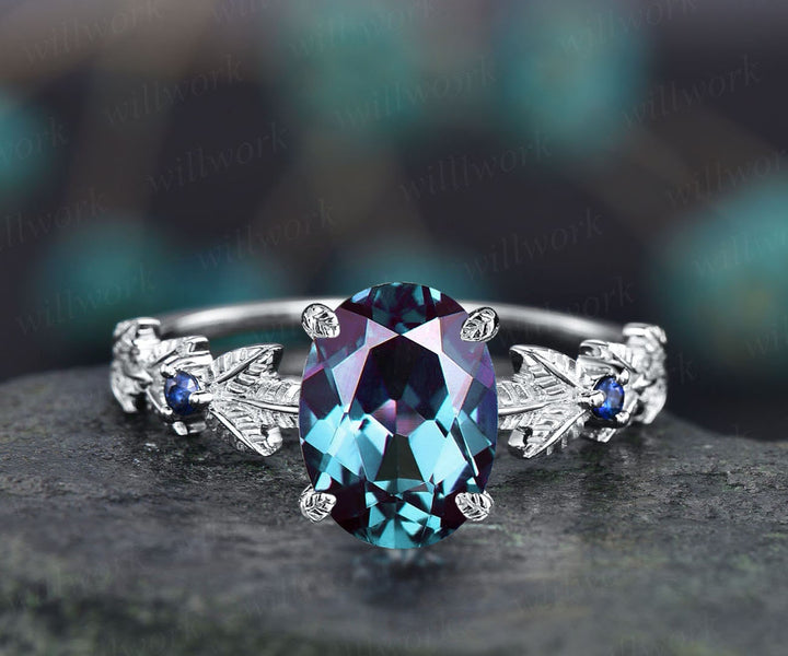 Oval cut Alexandrite ring gold vintage unique engagement ring Nature inspired leaf twig ring sapphire ring women wedding promise ring silver