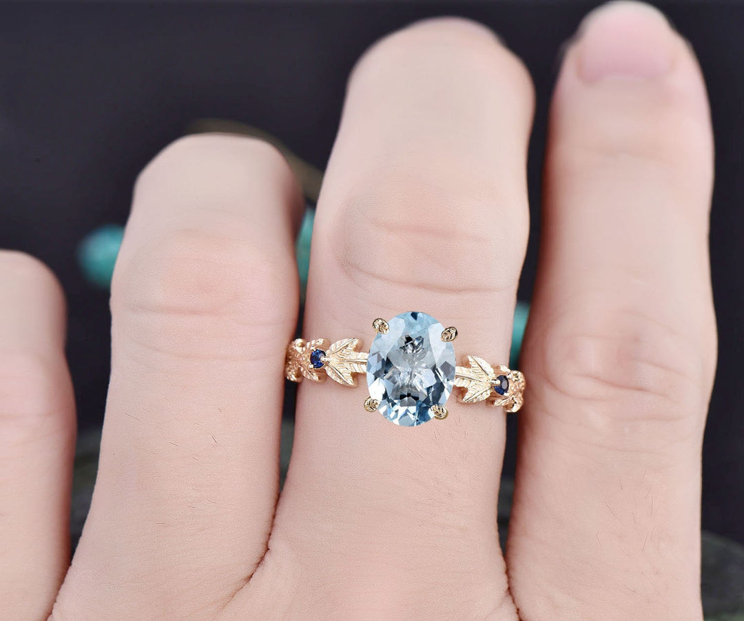 Oval cut Aquamarine ring gold vintage unique engagement ring Nature inspired leaf twig ring sapphire ring women wedding promise ring silver