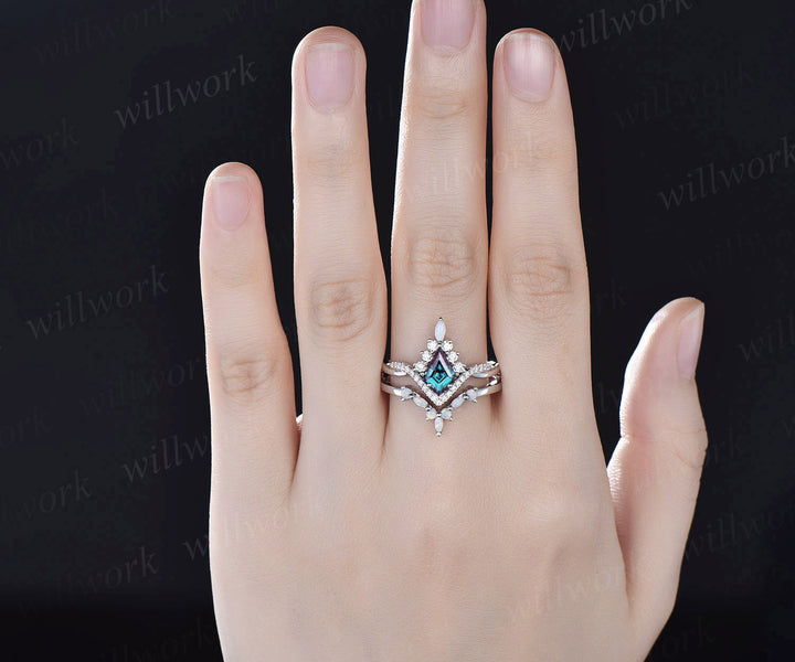 Kite cut alexandrite engagement ring set art deco 14k white gold halo marquise cut opal ring set twisted moissanite bridal ring set women