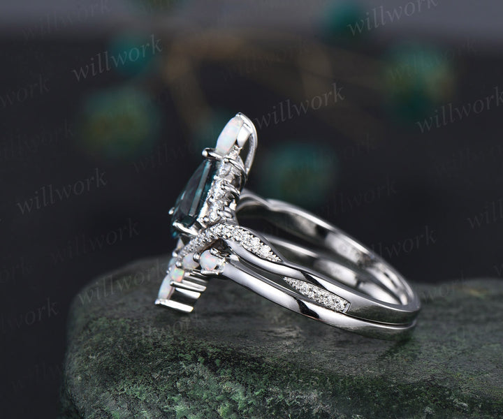 Kite cut alexandrite engagement ring set art deco 14k white gold halo marquise cut opal ring set twisted moissanite bridal ring set women