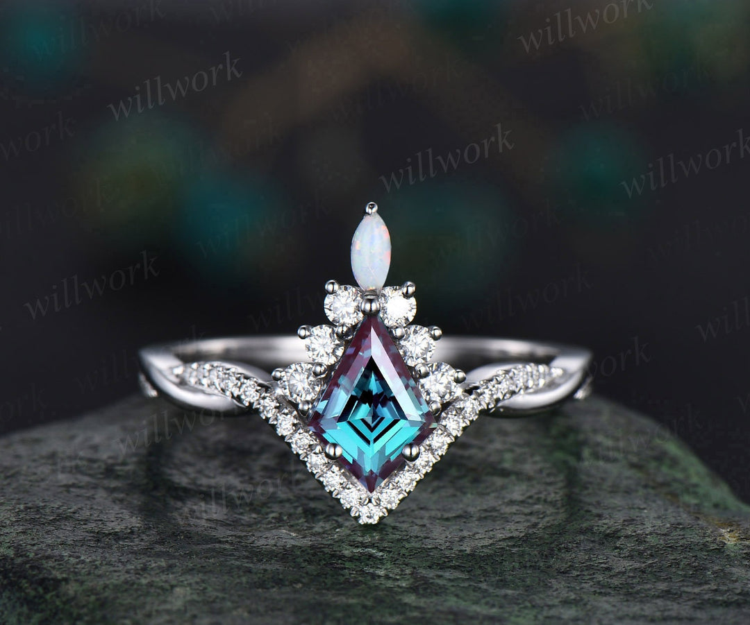 Kite cut alexandrite engagement ring set art deco 14k white gold halo marquise cut opal ring set twisted moissanite bridal ring set women