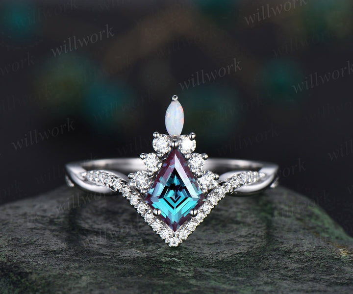 Kite cut alexandrite engagement ring set art deco 14k white gold halo marquise cut opal ring set twisted moissanite bridal ring set women