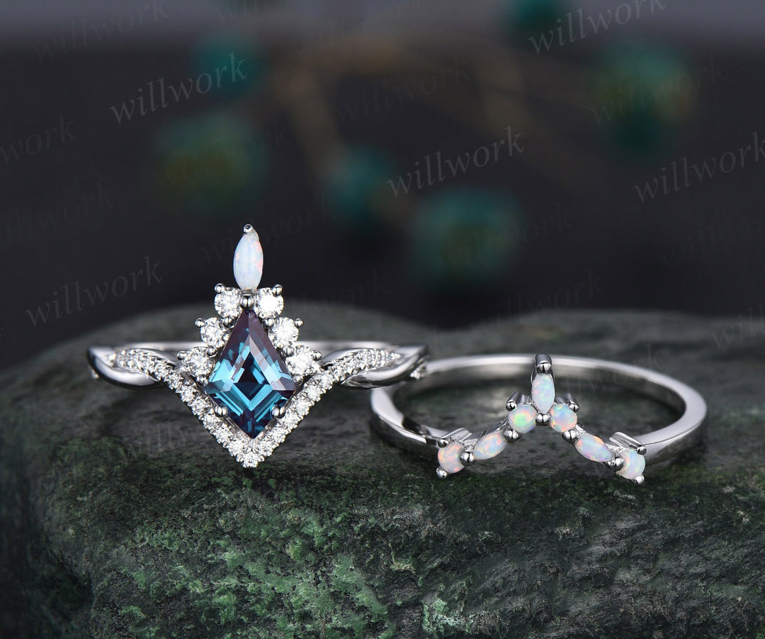 Kite cut alexandrite engagement ring set art deco 14k white gold halo marquise cut opal ring set twisted moissanite bridal ring set women