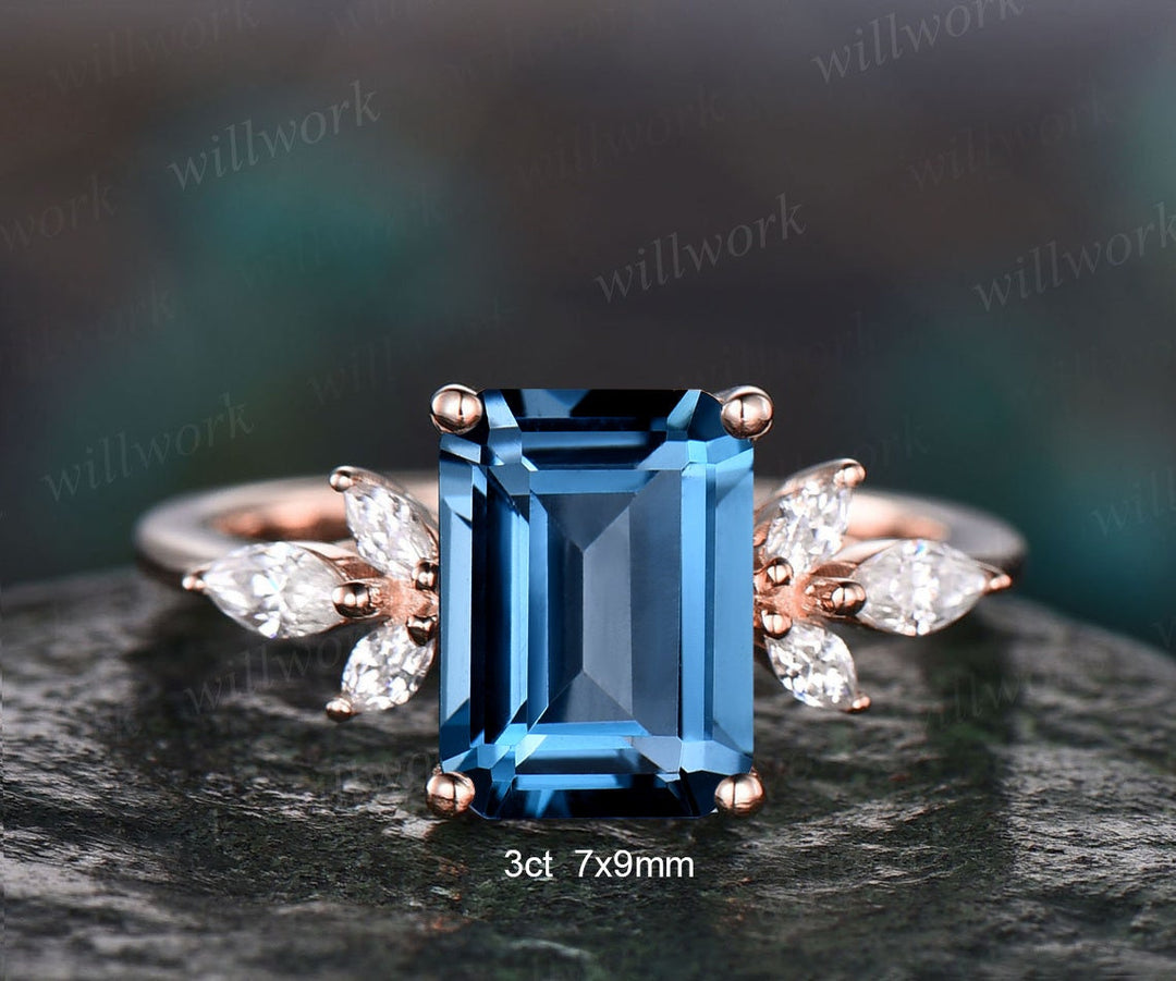 4ct Emerald cut London blue topaz engagement ring 14k white gold marquise cut diamond ring women unique anniversary wedding promise ring