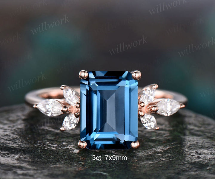 4ct Emerald cut London blue topaz engagement ring 14k white gold marquise cut diamond ring women unique anniversary wedding promise ring