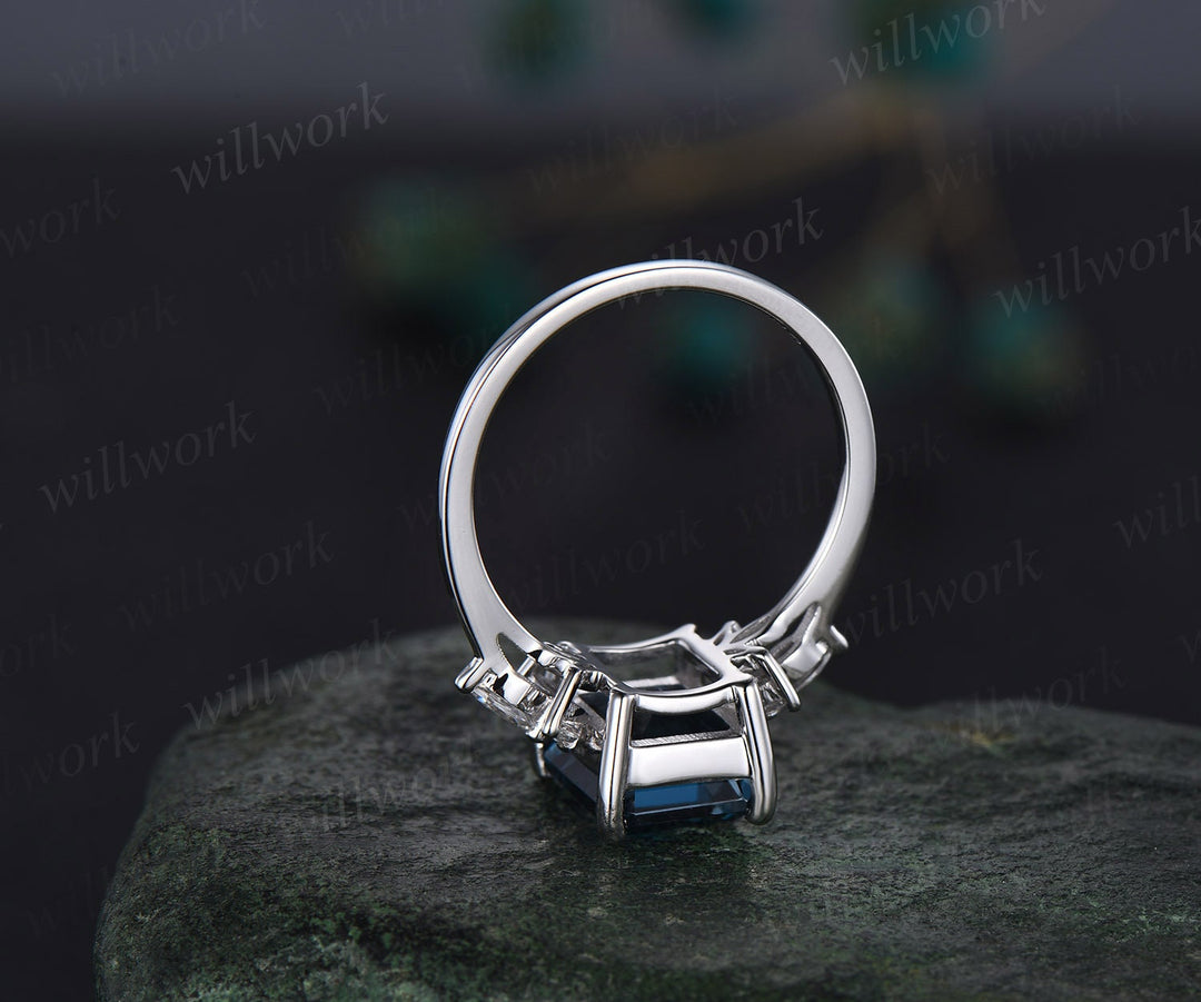 4ct Emerald cut London blue topaz engagement ring 14k white gold marquise cut diamond ring women unique anniversary wedding promise ring