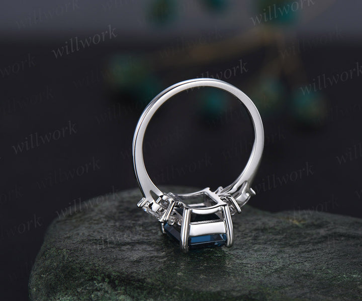 4ct Emerald cut London blue topaz engagement ring 14k white gold marquise cut diamond ring women unique anniversary wedding promise ring