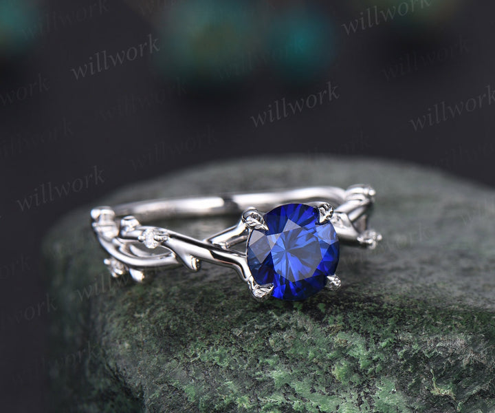 Round cut blue sapphire ring white gold vintage leaf unique engagement ring five stone infinity twisted diamond bridal wedding ring women