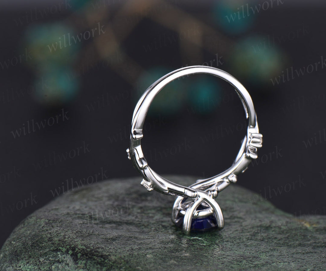 Round cut blue sapphire ring white gold vintage leaf unique engagement ring five stone infinity twisted diamond bridal wedding ring women