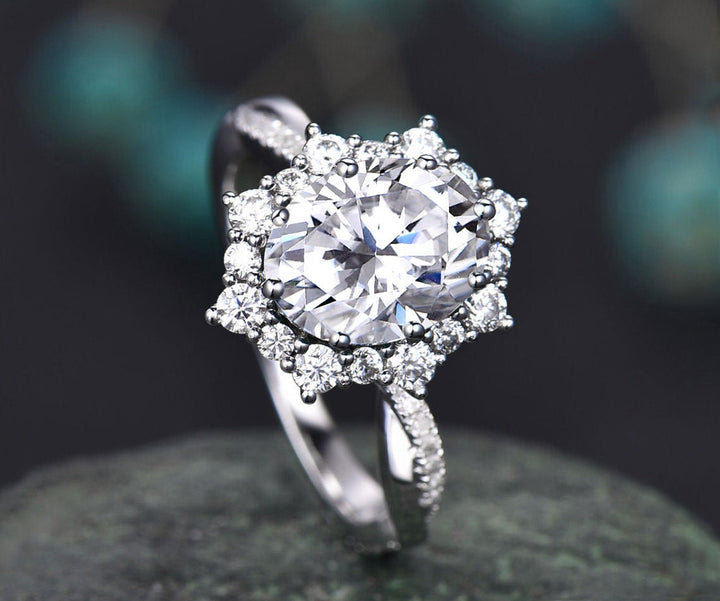 2ct oval cut Moissanite ring rose gold vintage unique engagement ring halo twisted snowdrift diamond bridal promise wedding ring for women