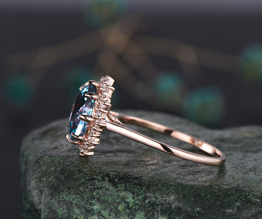 4ct round cut Alexandrite engagement ring solid 14k rose gold snowdrift halo diamond promise anniversary wedding ring for women fine jewelry