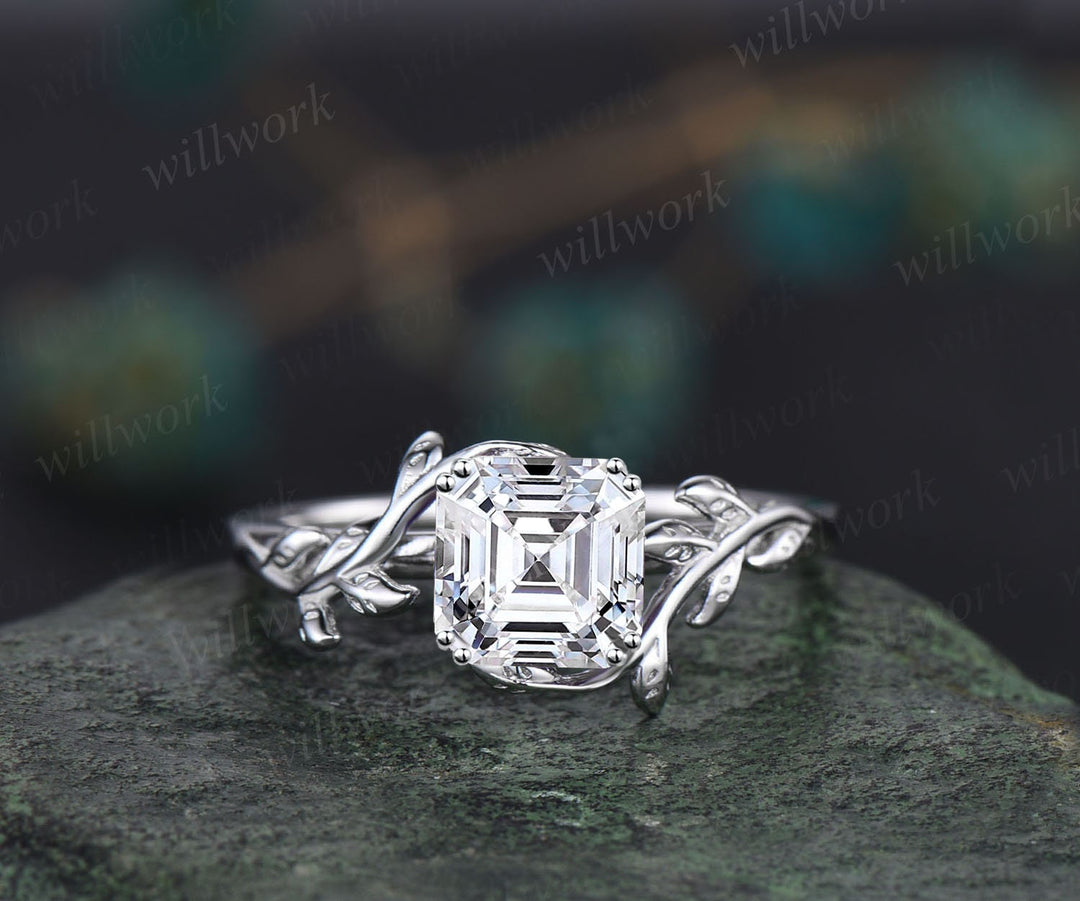 Twig Asscher cut Moissanite engagement ring solid 14k rose gold leaf branch Nature inspired solitaire wedding anniversary ring women gift