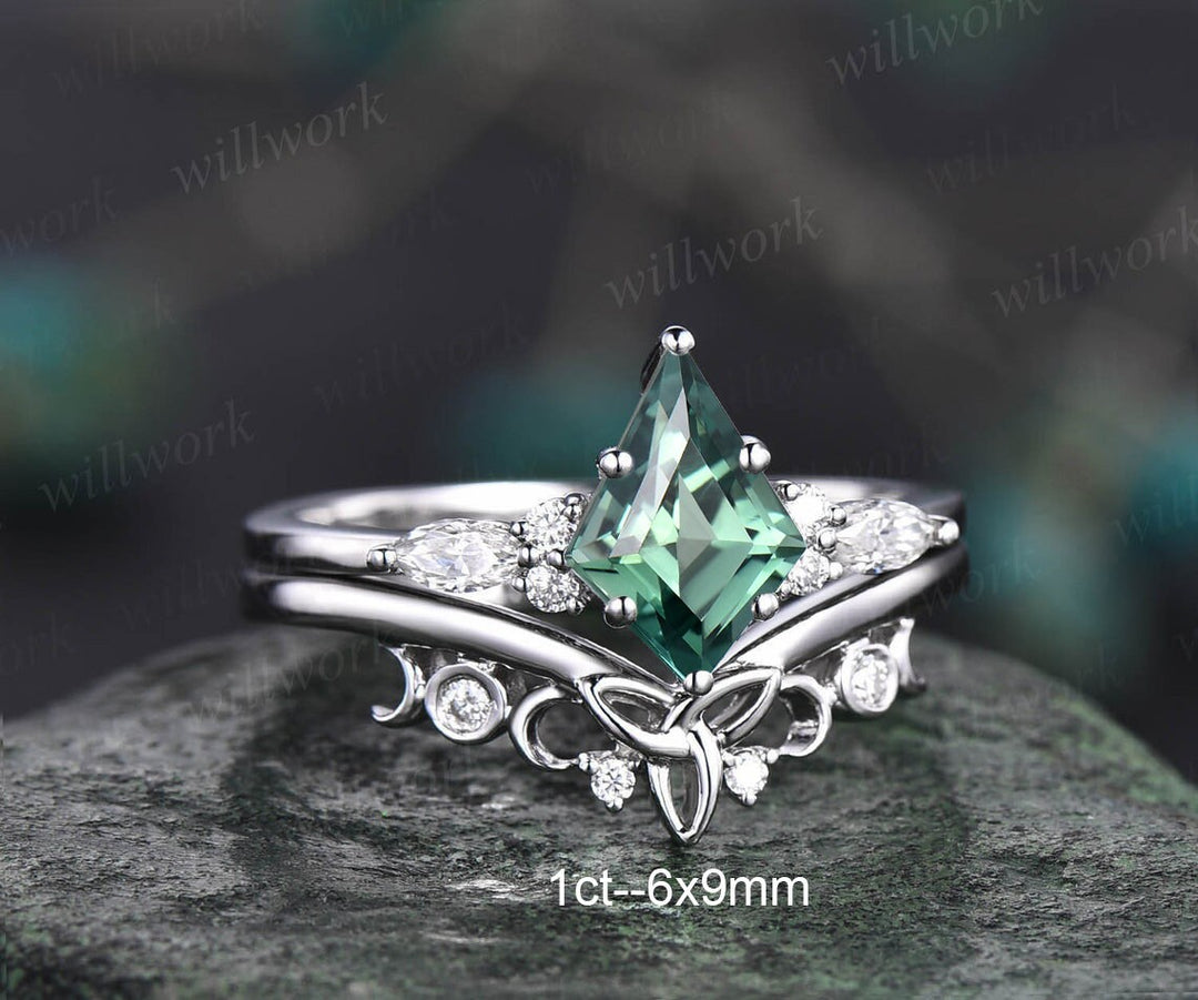 7x10mm kite cut green sapphire engagement ring set rose gold teal sapphire ring marquise moissanite ring unique wedding ring set for women