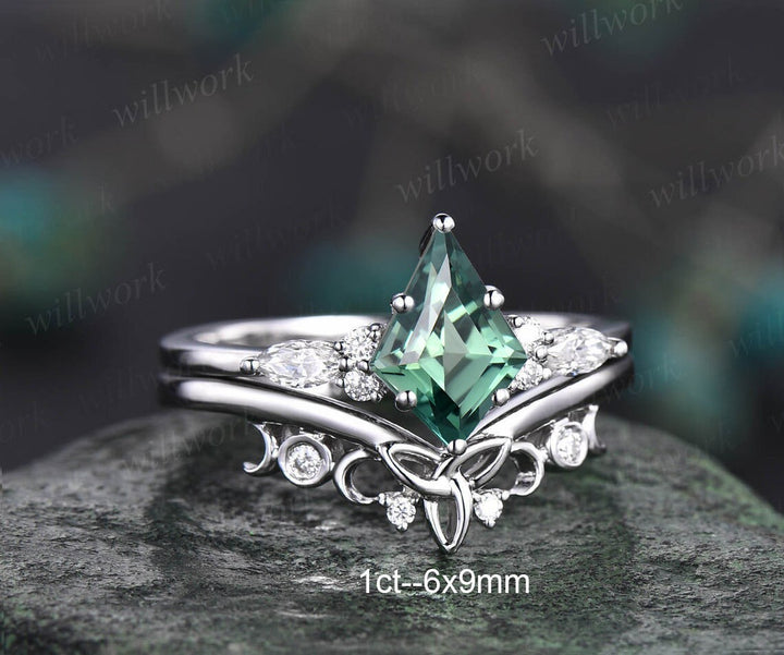 7x10mm kite cut green sapphire engagement ring set rose gold teal sapphire ring marquise moissanite ring unique wedding ring set for women