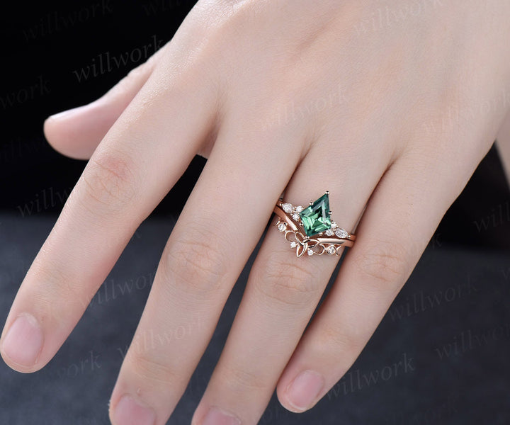 7x10mm kite cut green sapphire engagement ring set rose gold teal sapphire ring marquise moissanite ring unique wedding ring set for women