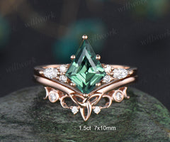 7x10mm kite cut green sapphire engagement ring set rose gold teal sapphire ring marquise moissanite ring unique wedding ring set for women