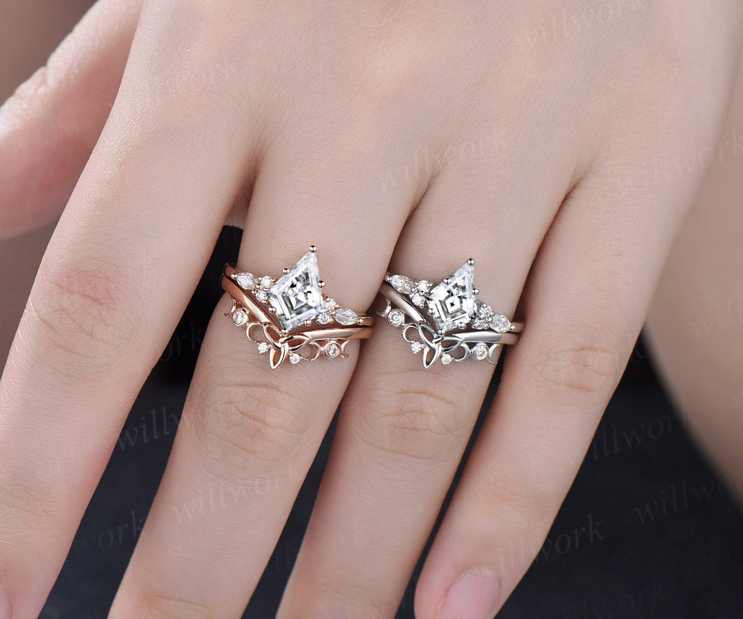 7x10mm kite cut Moissanite engagement ring set solid 14k rose gold marquise cut diamond ring women unique promise anniversary ring gift