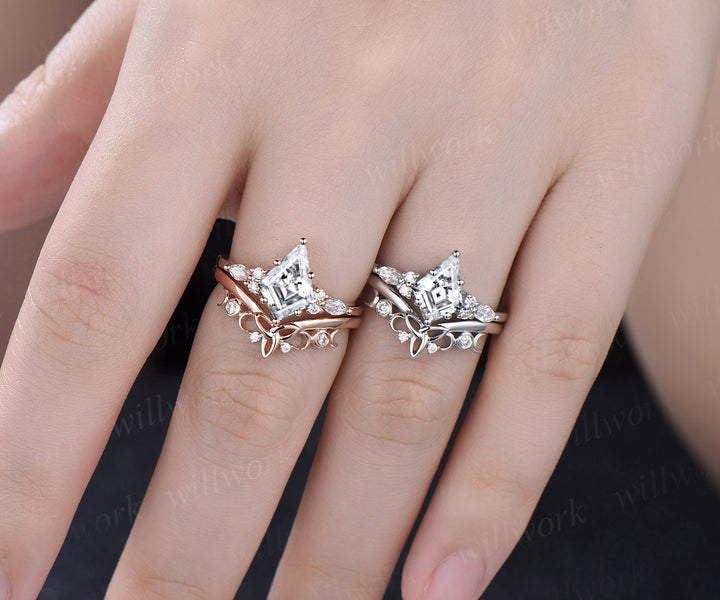 7x10mm kite cut Moissanite engagement ring set solid 14k rose gold marquise cut diamond ring women unique promise anniversary ring gift