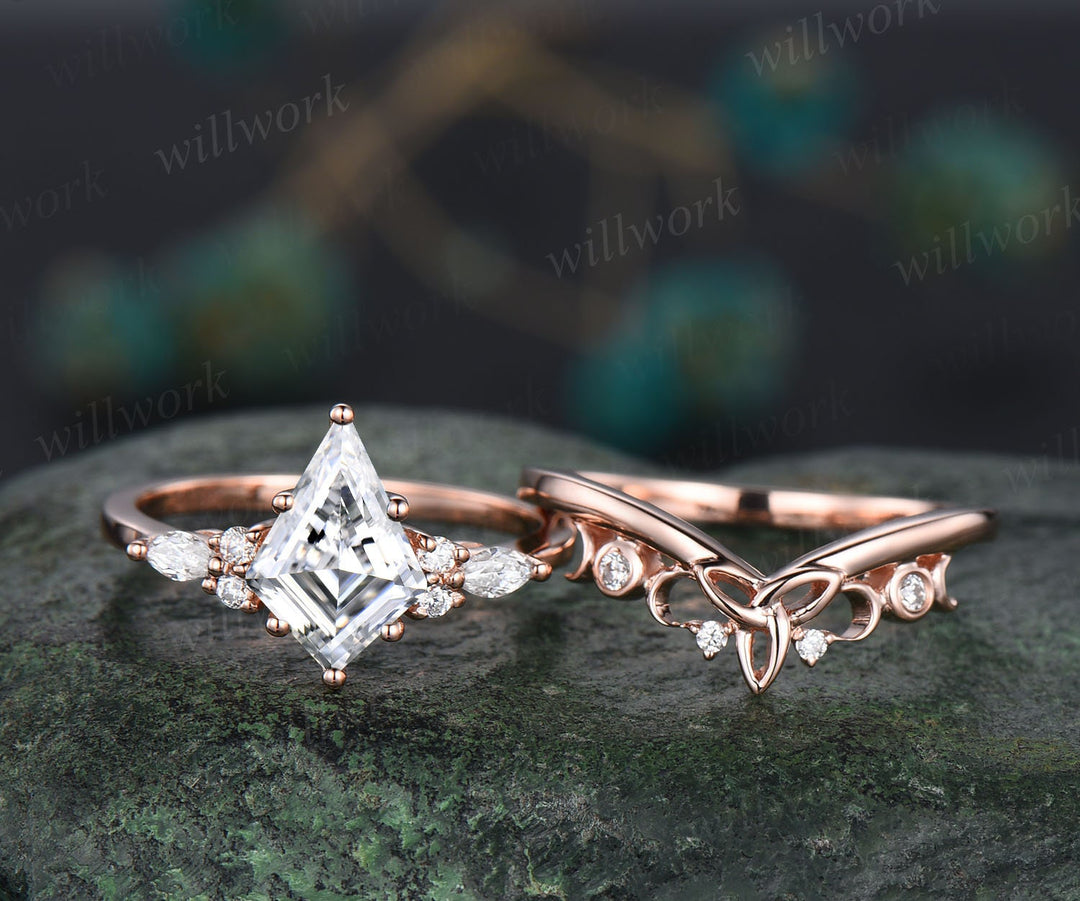 7x10mm kite cut Moissanite engagement ring set solid 14k rose gold marquise cut diamond ring women unique promise anniversary ring gift
