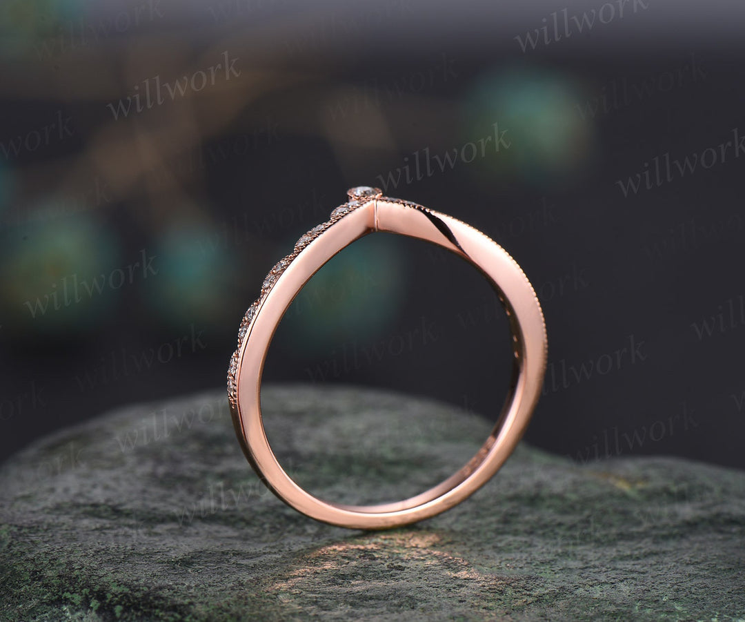 Milgrain diamond wedding band 14k rose gold vintage unique half eternity curved V shaped moissanite wedding ring band anniversary ring gift