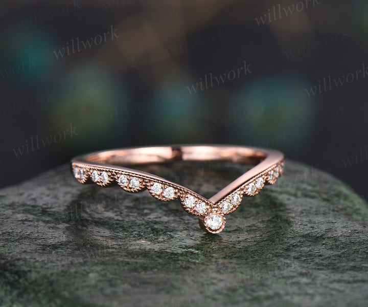 Milgrain diamond wedding band 14k rose gold vintage unique half eternity curved V shaped moissanite wedding ring band anniversary ring gift