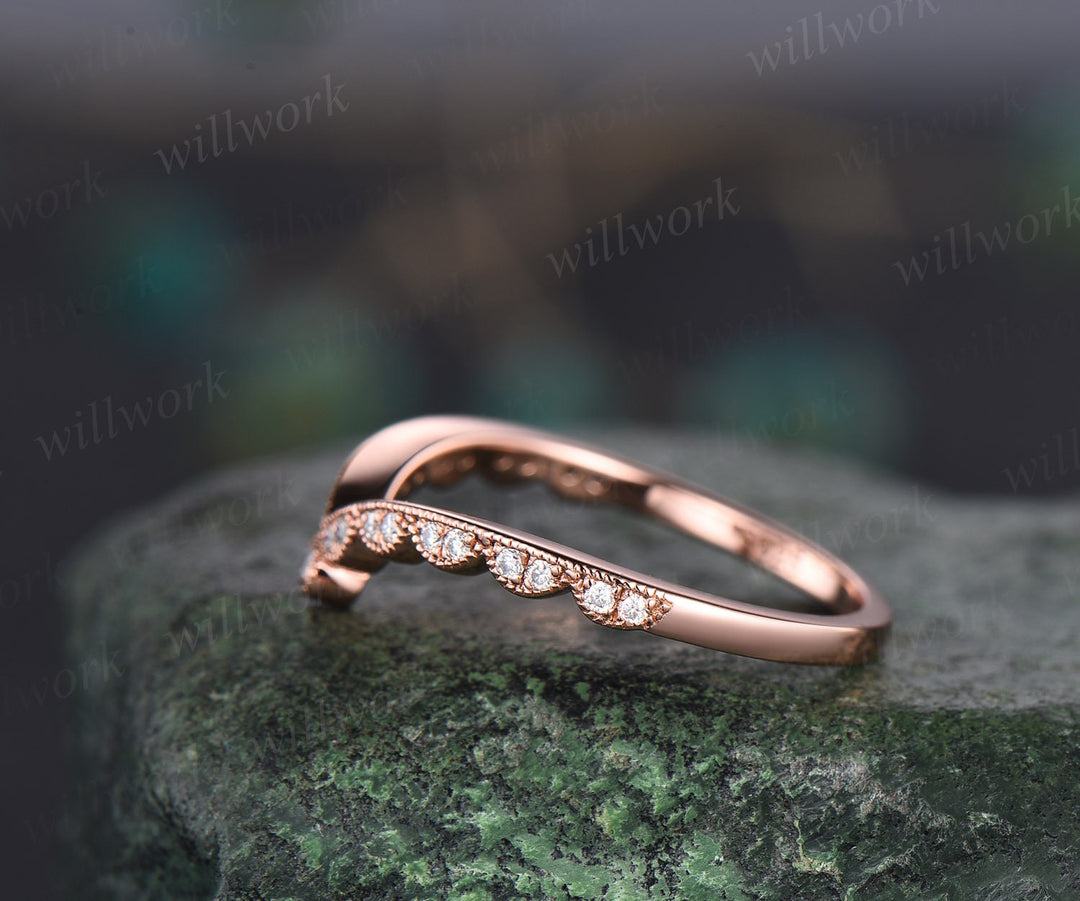 Milgrain diamond wedding band 14k rose gold vintage unique half eternity curved V shaped moissanite wedding ring band anniversary ring gift