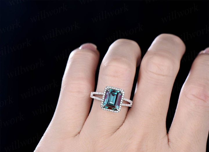 Vintage emerald cut Alexandrite engagement ring 14k rose gold half eternity halo split shank diamond ring for women promise bridal ring gift