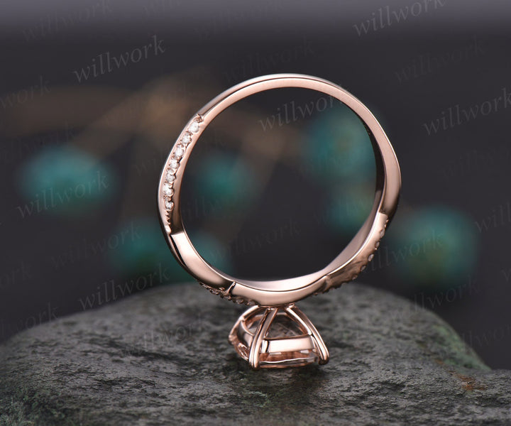 Unique cushion cut morganite engagement ring for women solid 14k rose gold eternity twisted diamond anniversary wedding ring fine jewelry