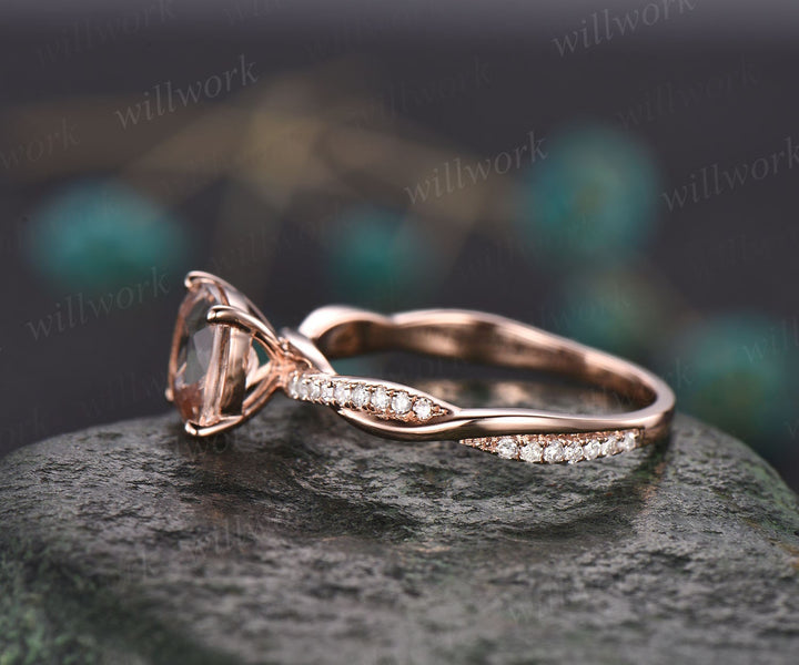 Unique cushion cut morganite engagement ring for women solid 14k rose gold eternity twisted diamond anniversary wedding ring fine jewelry