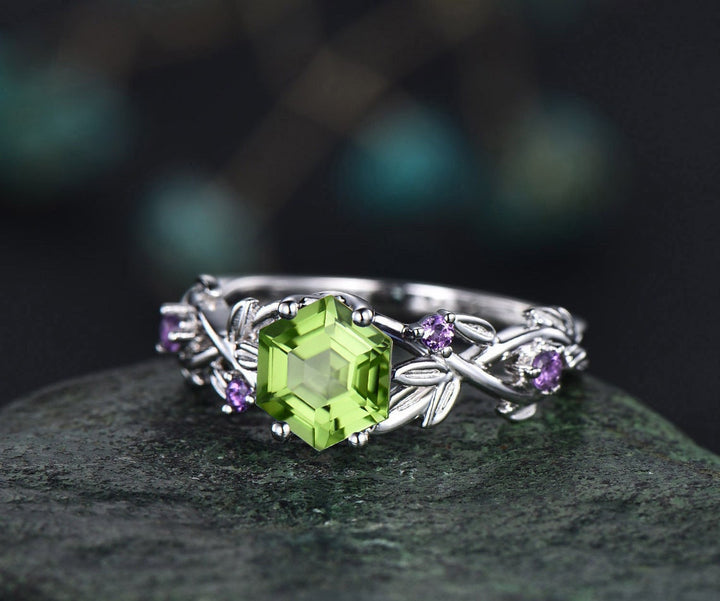 Twig Peridot ring vintage hexagon cut Peridot engagement ring rose gold leaf amethyst ring August birthstone ring anniversary ring for women