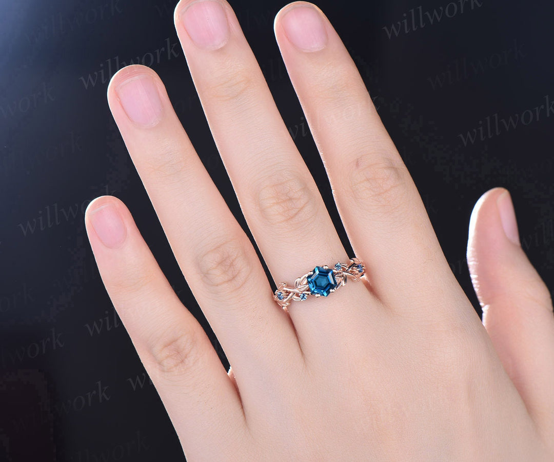 Twig hexagon cut London blue topaz engagement ring 14k white gold leaf topaz ring December birthstone ring anniversary ring for women gift