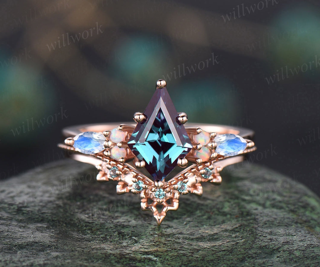 Vintage kite cut Alexandrite engagement ring set 14k rose gold marquise moonstone ring dainty opal ring unique bridal wedding ring set women