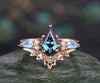 Vintage kite cut Alexandrite engagement ring set 14k rose gold marquise moonstone ring dainty opal ring unique bridal wedding ring set women