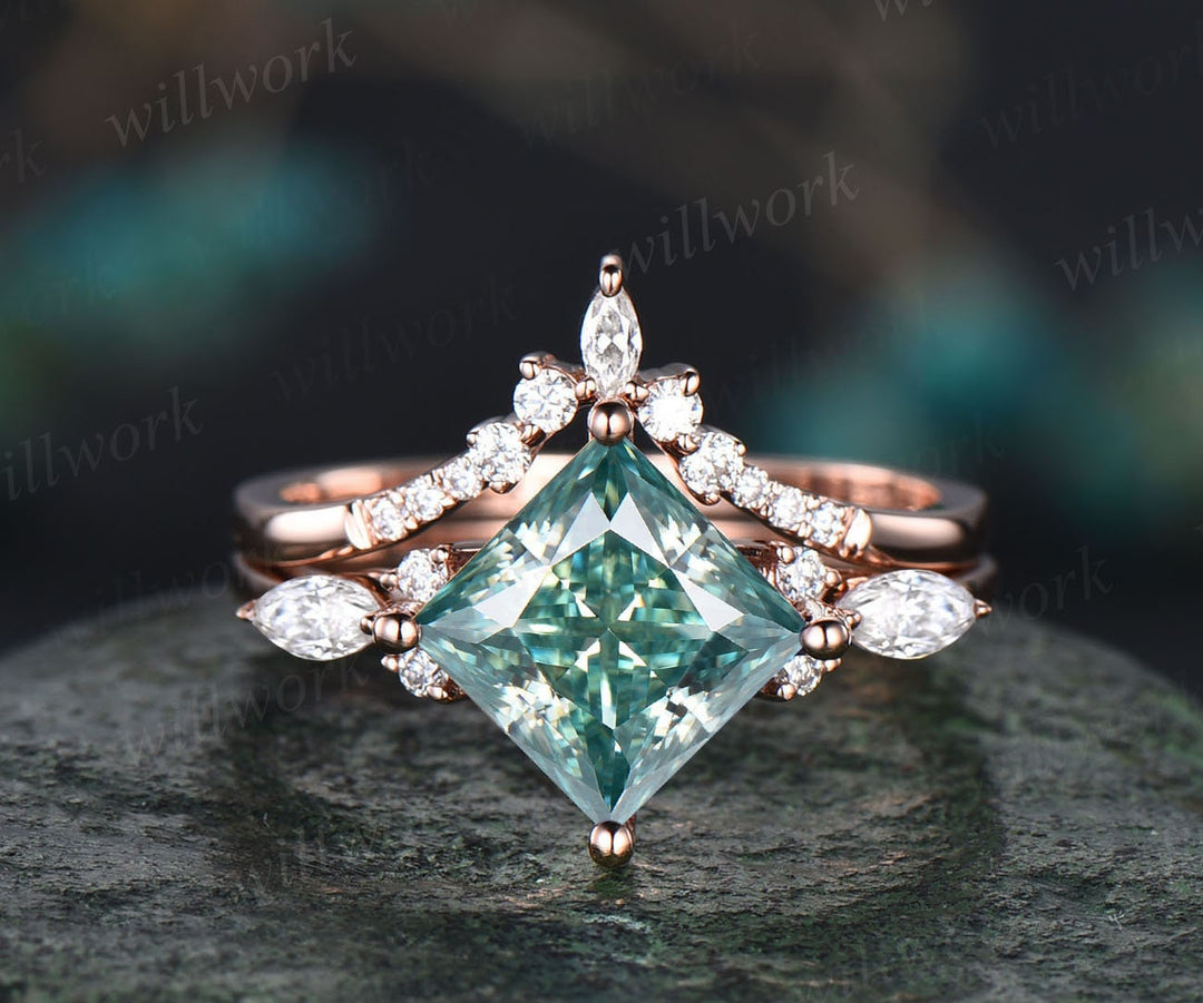 Princess cut green moissanite engagement ring set rose gold vintage unique engagement ring women marquise cut moissanite promise ring set