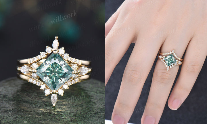 Princess cut green moissanite engagement ring set rose gold vintage unique engagement ring women marquise cut moissanite promise ring set