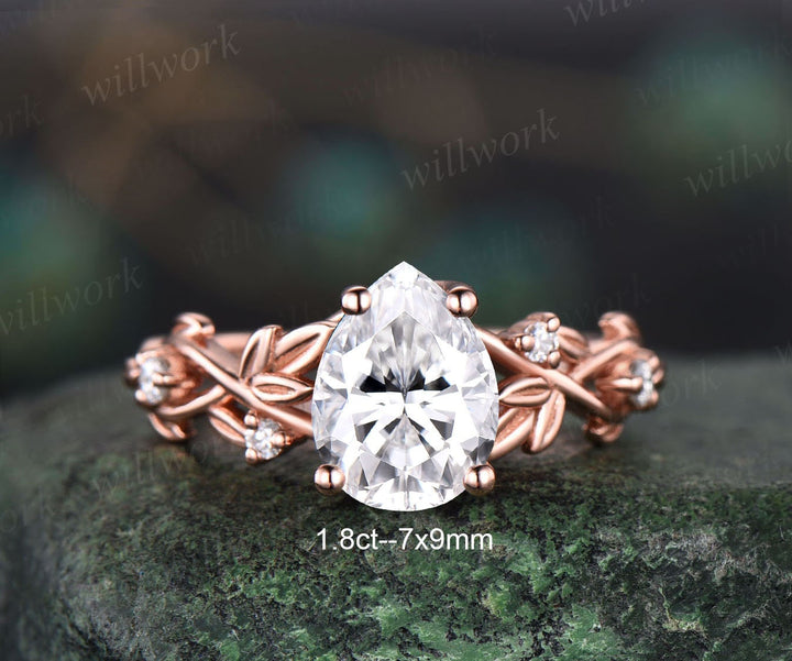 Twig pear shaped Moissanite engagement ring set rose gold five stone leaf branch Nature inspired ring diamond wedding ring set women jewelry