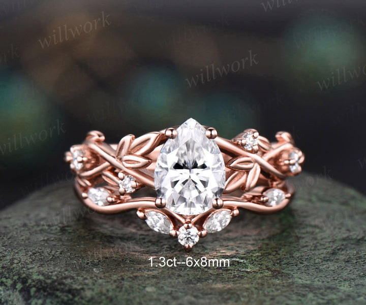 Twig pear shaped Moissanite engagement ring set rose gold five stone leaf branch Nature inspired ring diamond wedding ring set women jewelry