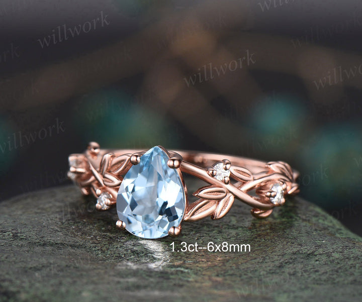 Twig pear shaped Aquamarine engagement ring set rose gold five stone leaf branch Nature inspired ring diamond wedding ring set women jewelry