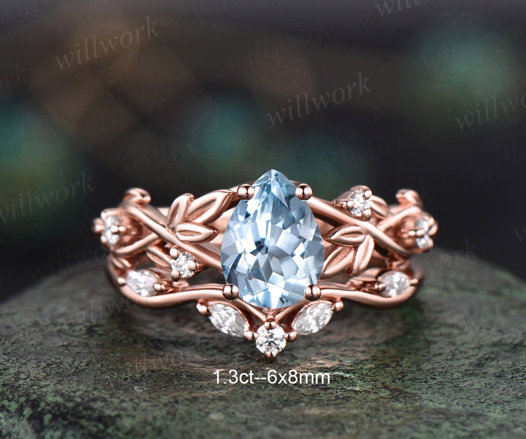 Twig pear shaped Aquamarine engagement ring set rose gold five stone leaf branch Nature inspired ring diamond wedding ring set women jewelry