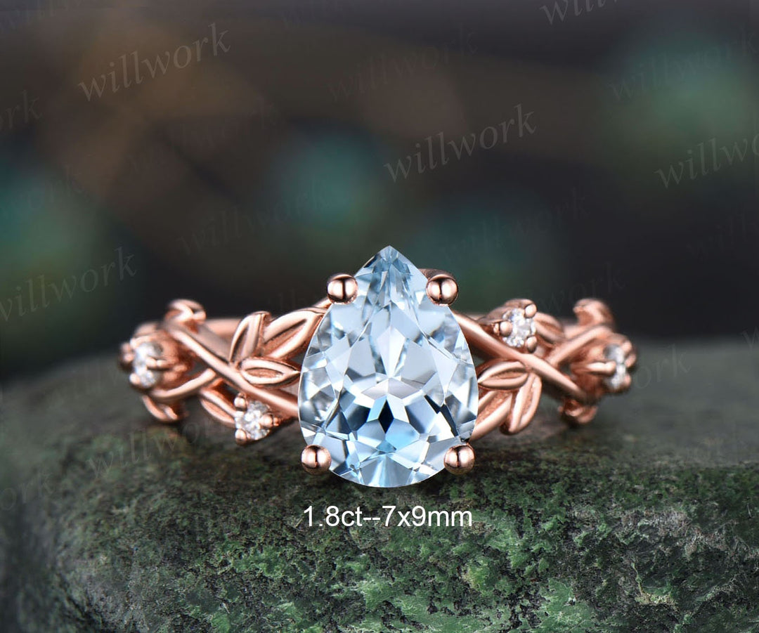 Twig pear shaped Aquamarine engagement ring set rose gold five stone leaf branch Nature inspired ring diamond wedding ring set women jewelry