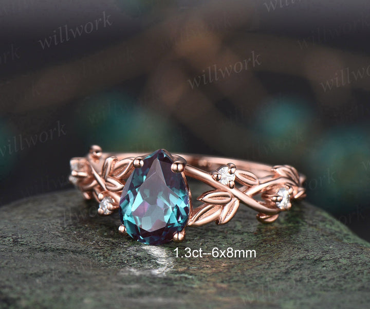 Twig pear shaped Alexandrite engagement ring set rose gold five stone leaf branch Nature inspired ring diamond wedding ring set women gift