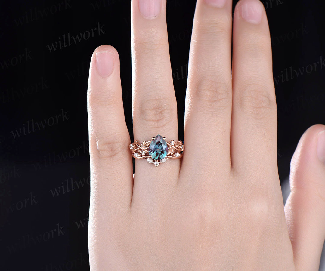 Twig pear shaped Alexandrite engagement ring set rose gold five stone leaf branch Nature inspired ring diamond wedding ring set women gift