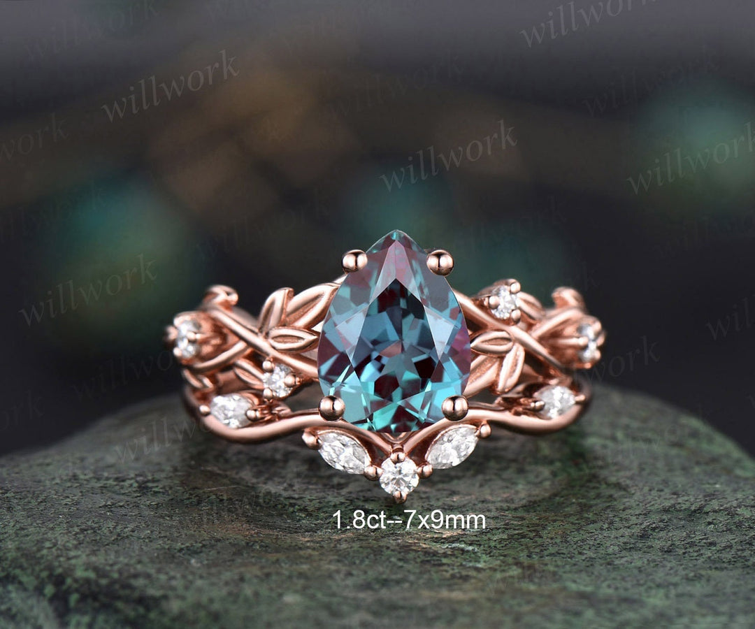 Twig pear shaped Alexandrite engagement ring set rose gold five stone leaf branch Nature inspired ring diamond wedding ring set women gift