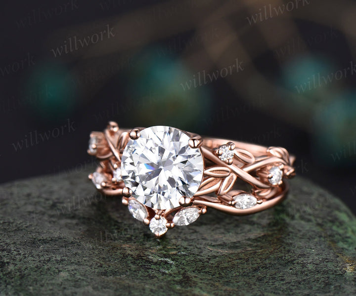 2ct Twig round cut Moissanite engagement ring set 14k rose gold five stone leaf branch Nature inspired diamond wedding ring set for women