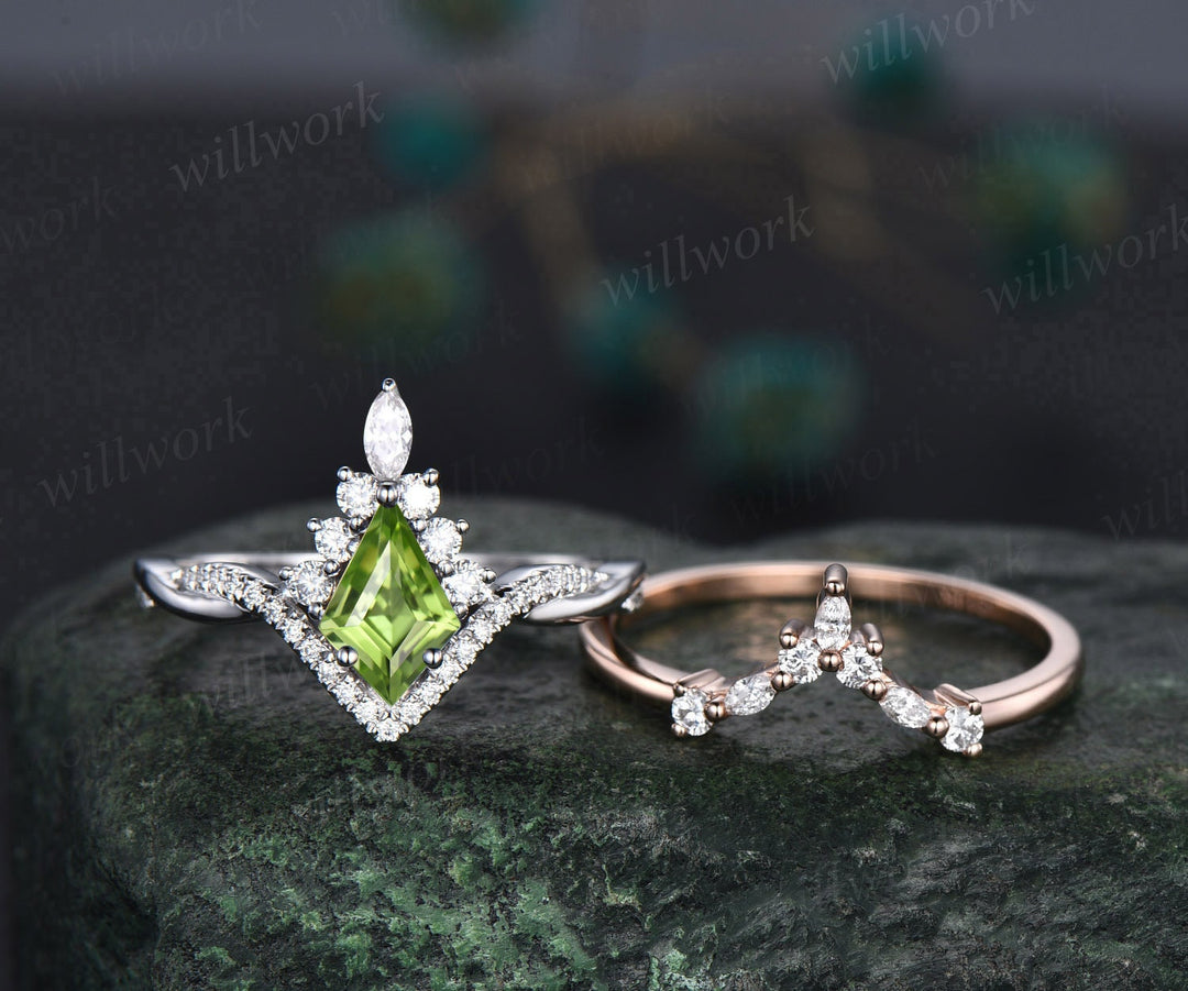 Vintage kite cut peridot ring gold halo unique engagement ring set art deco curved twisted diamond promise bridal wedding ring set women