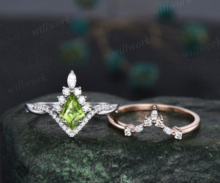 Vintage kite cut peridot ring gold halo unique engagement ring set art deco curved twisted diamond promise bridal wedding ring set women