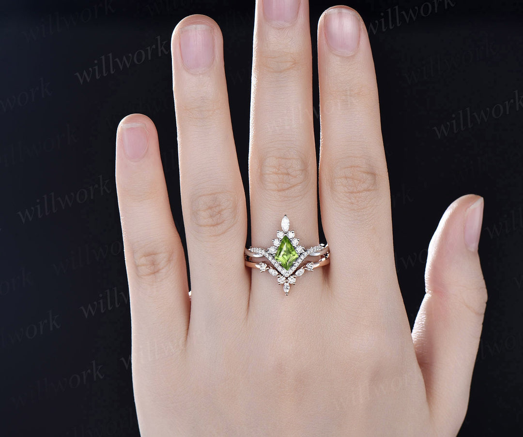 Vintage kite cut peridot ring gold halo unique engagement ring set art deco curved twisted diamond promise bridal wedding ring set women