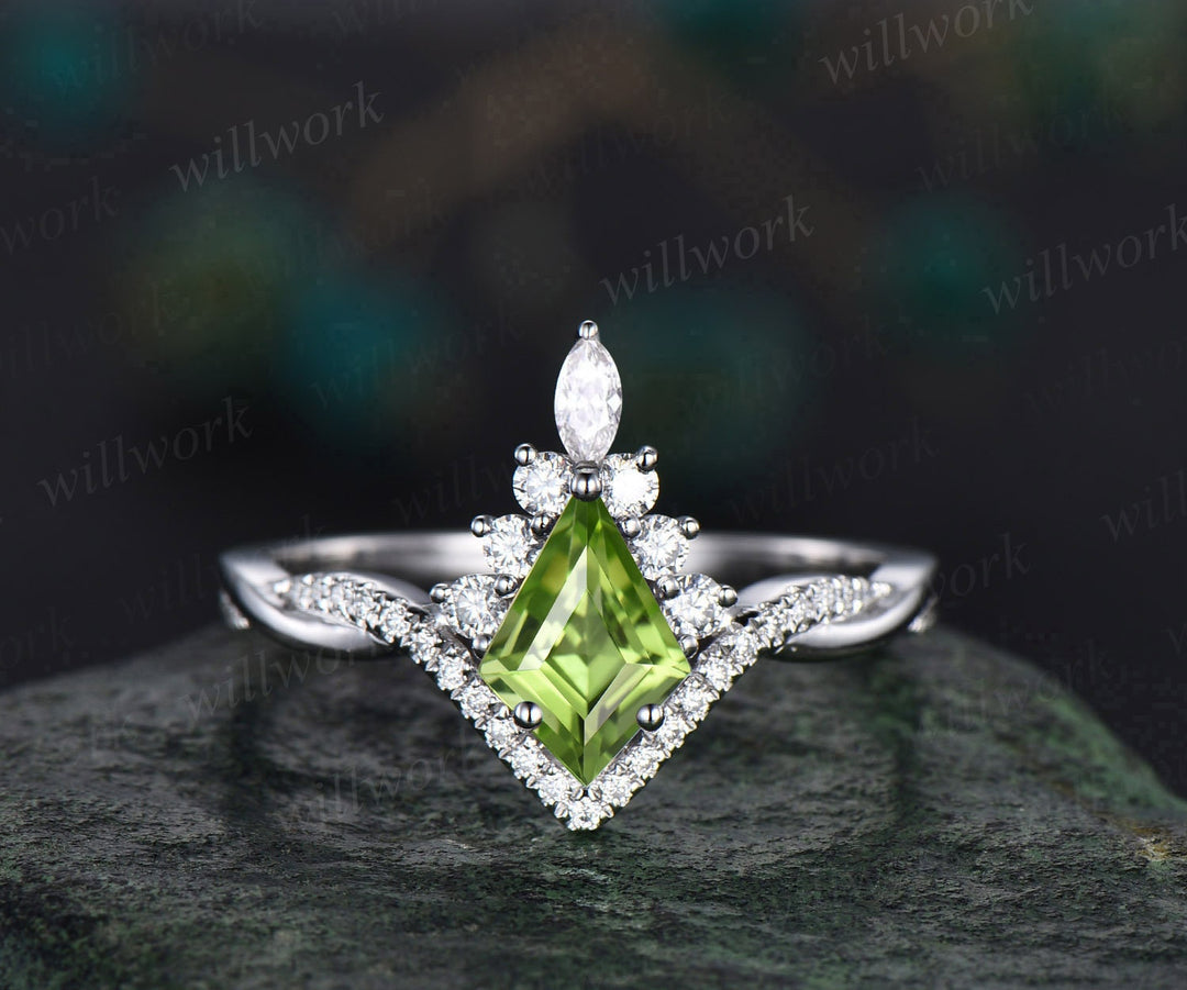 Vintage kite cut peridot ring gold halo unique engagement ring set art deco curved twisted diamond promise bridal wedding ring set women