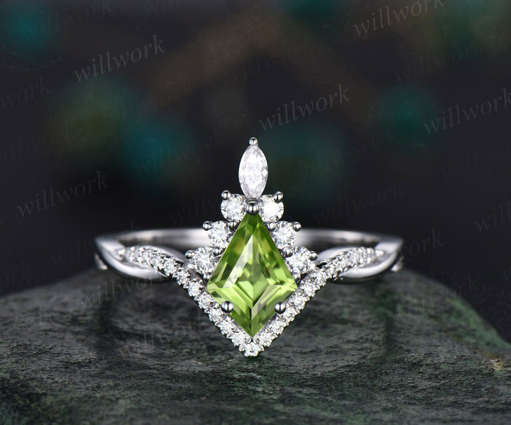 Vintage kite cut peridot ring gold halo unique engagement ring set art deco curved twisted diamond promise bridal wedding ring set women